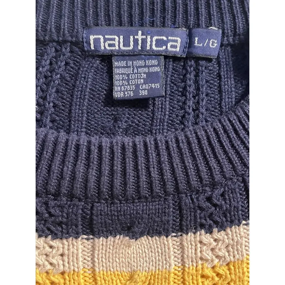 Vintage 90s Nautica Cable Knit Sweater Youth L Striped Colorblock Cotton